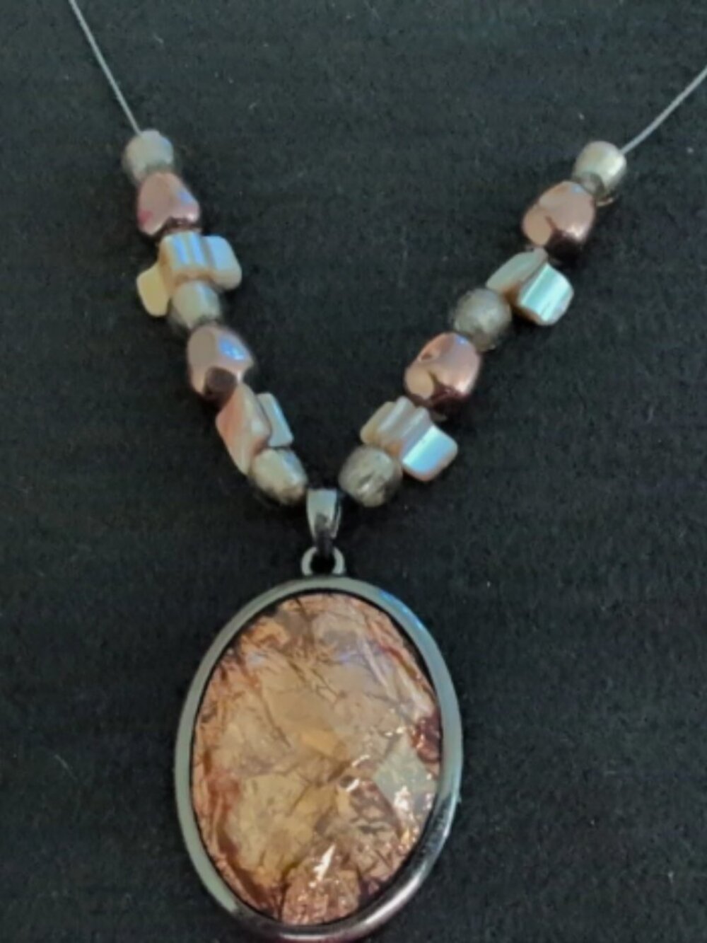 Amber & Stone Beaded Necklace With Oval Pendant & Lobster Clasp 20" - 23"